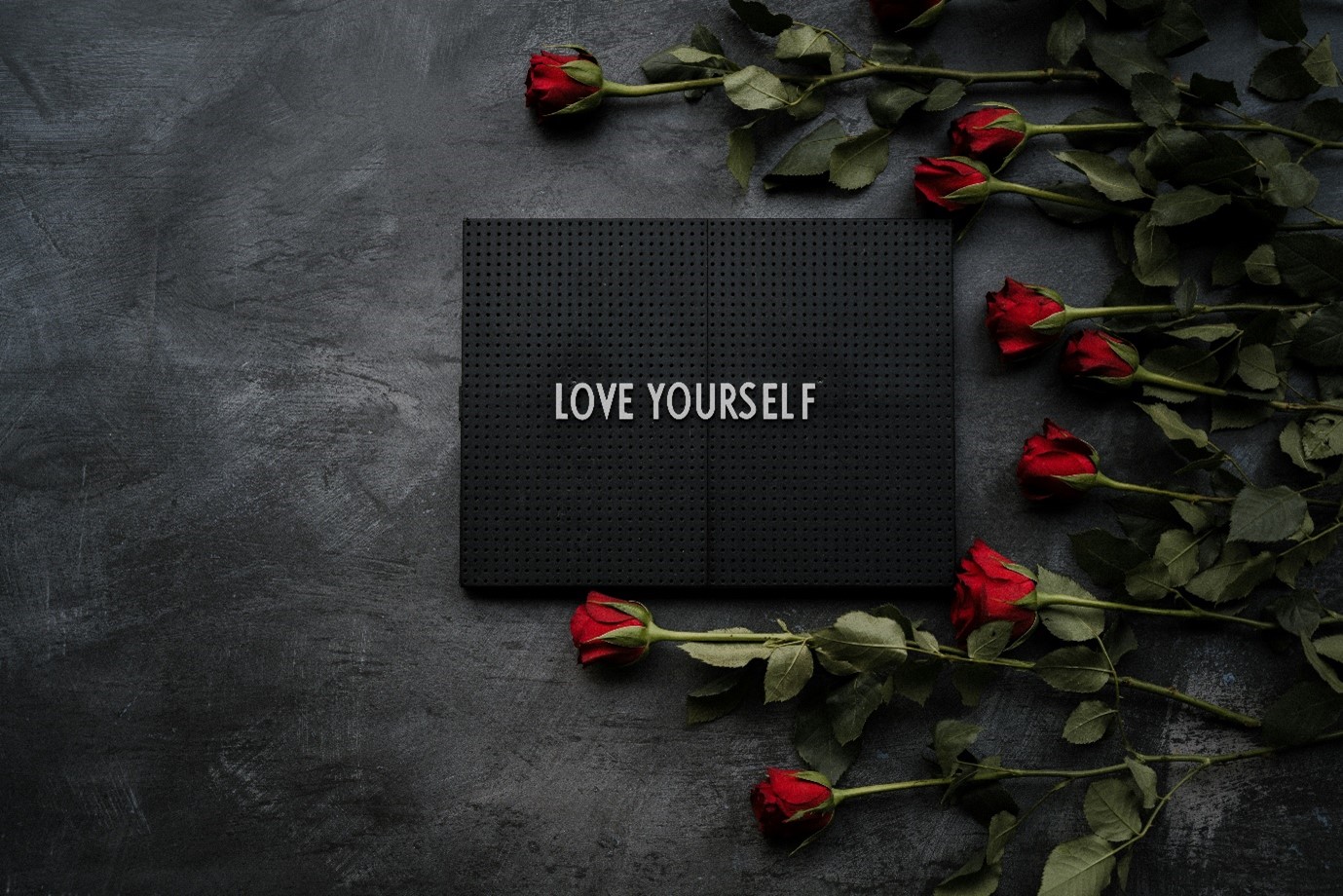 Roses surrounding a sign reading ‘Love Yourself’ on a concrete floor, for “How ESTA Helps Women Build Self Esteem”