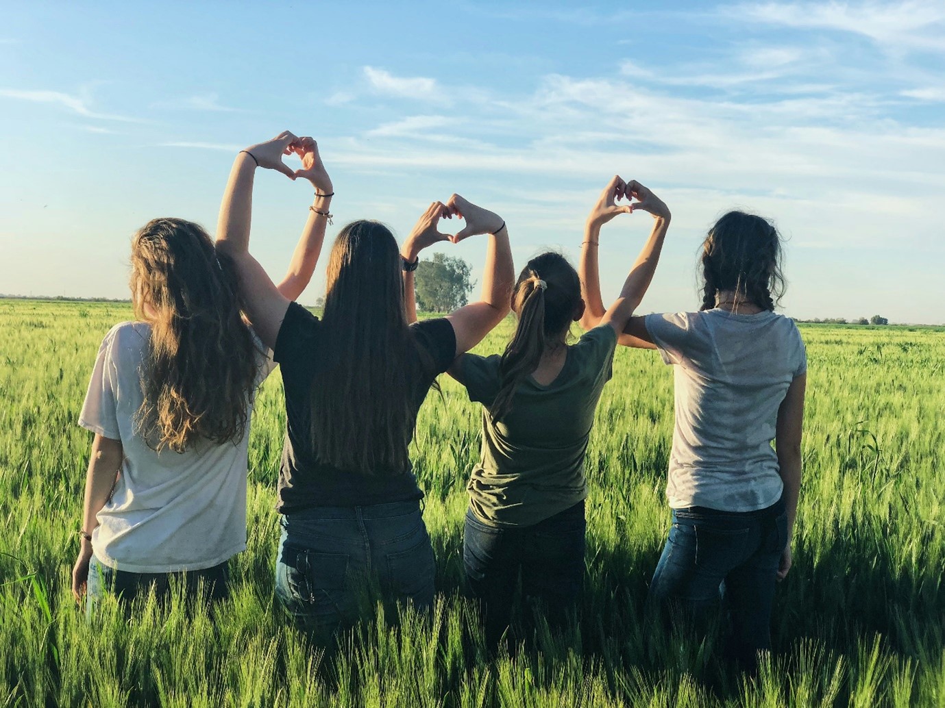 Four young women in a field making love heart symbols with their hands, for “Roses in the Snow: Supporting Young Women’s Wellbeing’’